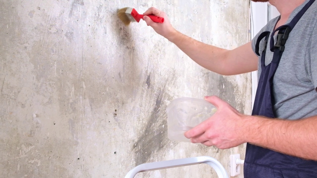一个男人用刷子涂墙纸胶。修理房间、公寓、房子视频素材