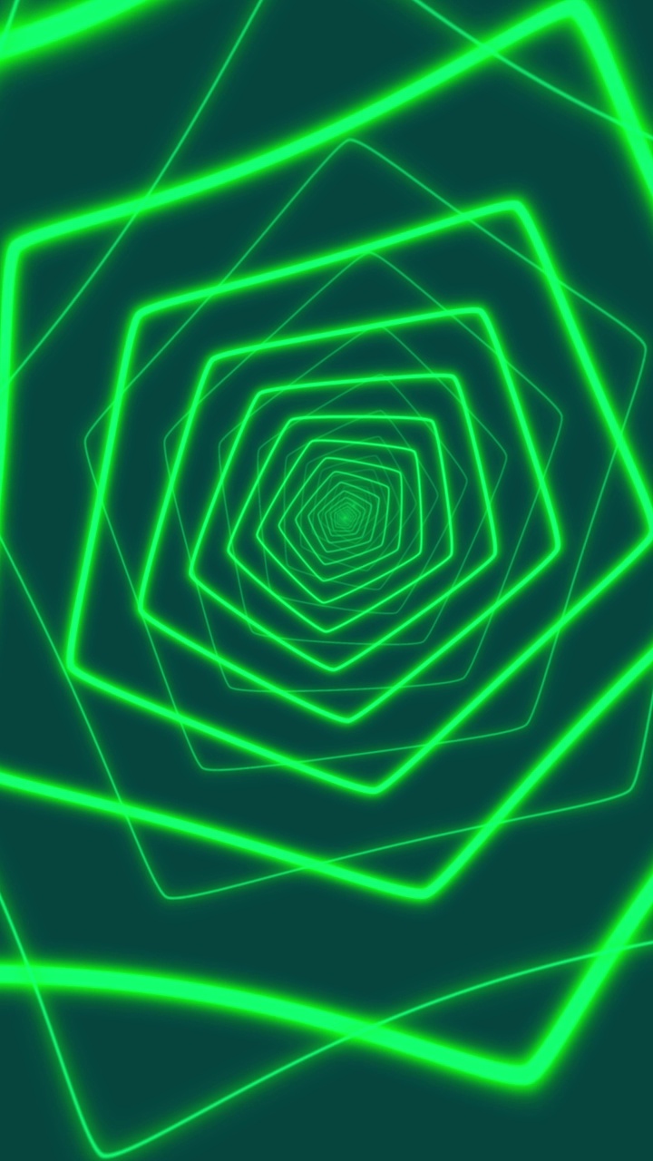 摘要数字霓虹灯五角形隧道背景。垂直的4K模糊未来主义闪闪发光的动画模式，前进与翠绿色的颜色。科技与网络概念视频素材