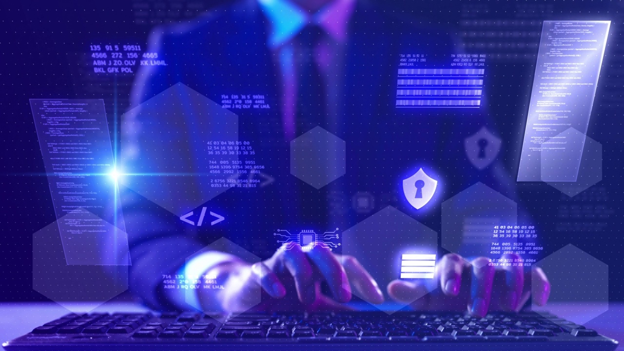 杀毒网络安全概念，程序员电脑工程师在键盘上打字。VPN网络服务器互联网数据保护，GDRP隐私安全互联网网络。视频下载