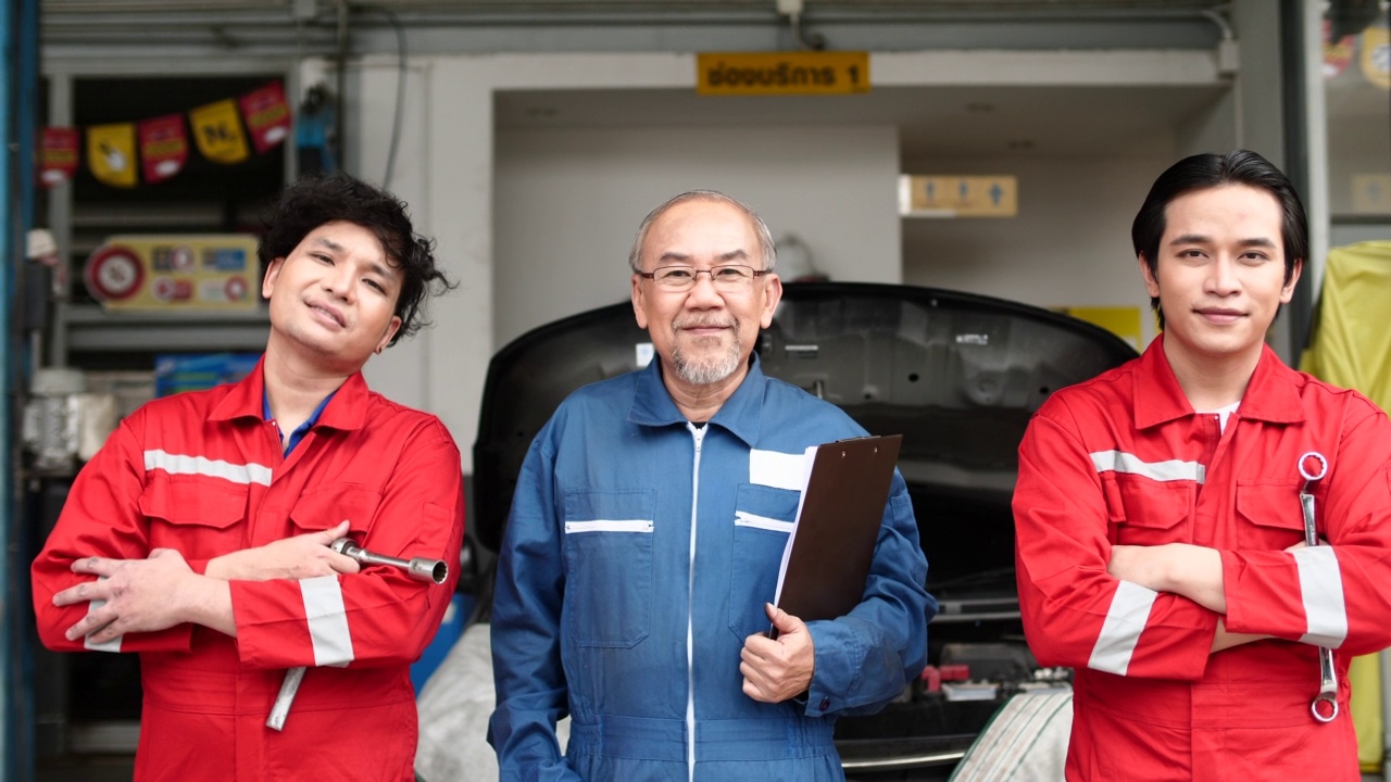 三个汽车修理工在汽车修理厂的肖像视频素材
