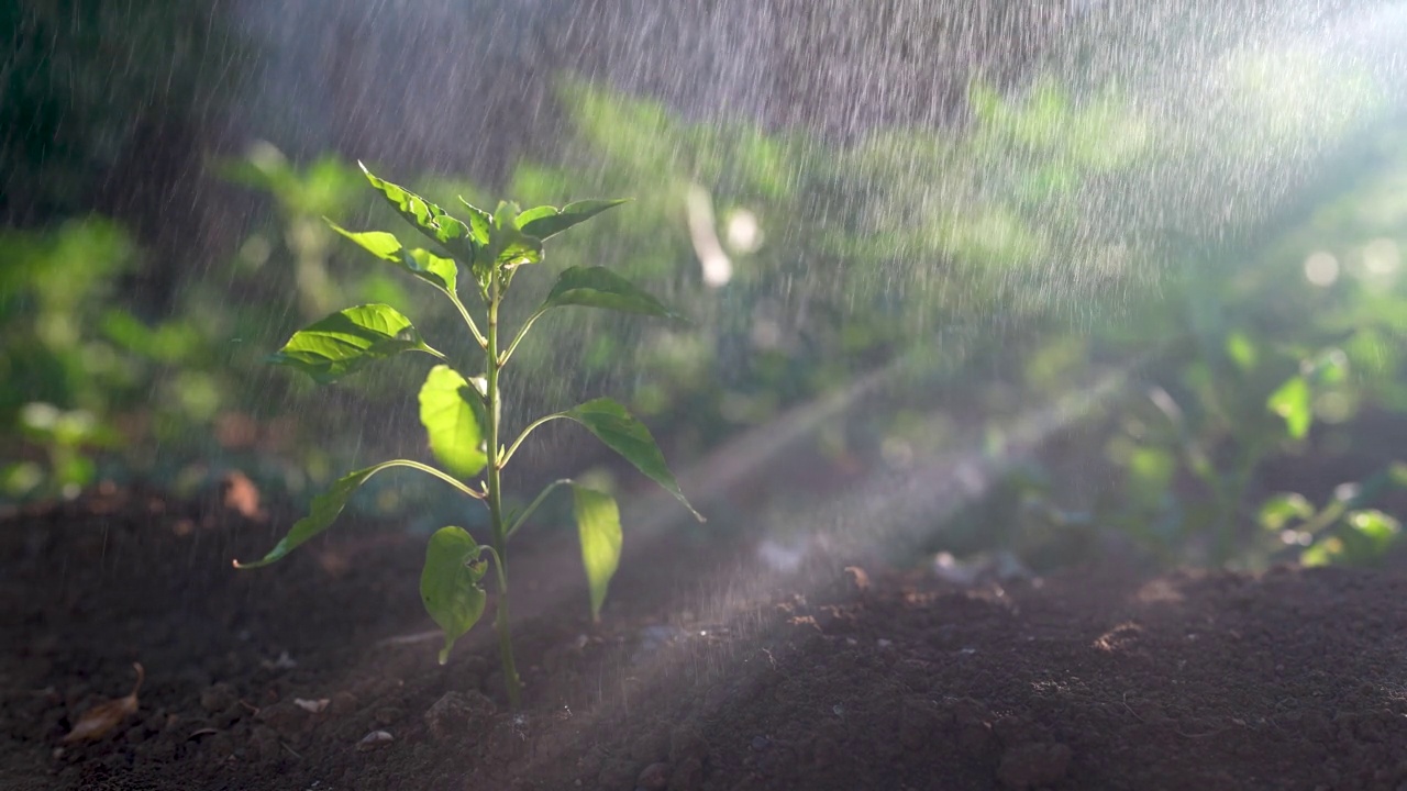 近距离浇水幼苗在温室，浇水植物在日出视频下载