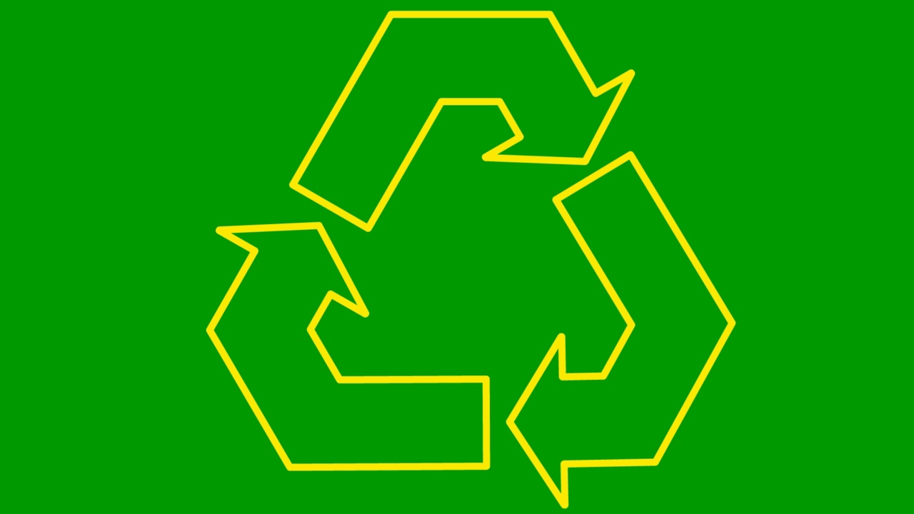 动画生态图标。黄色象征回收。绿色科技理念，环境友好。矢量图孤立在绿色背景上。视频下载