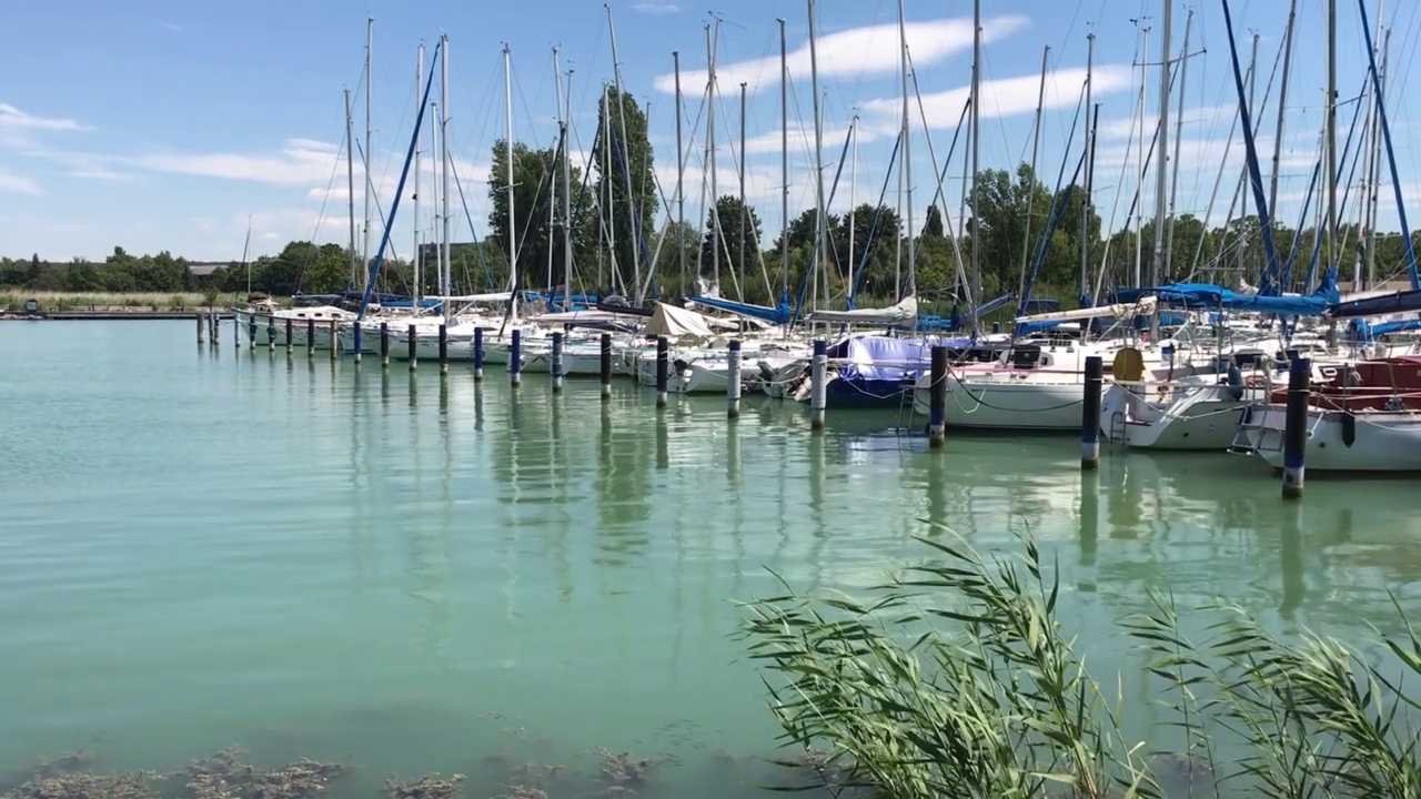 巴拉顿夏季的Foldvar湖港口蓝天景观绿松石水反射水上运动高级社会匈牙利Somogy欧洲视频下载