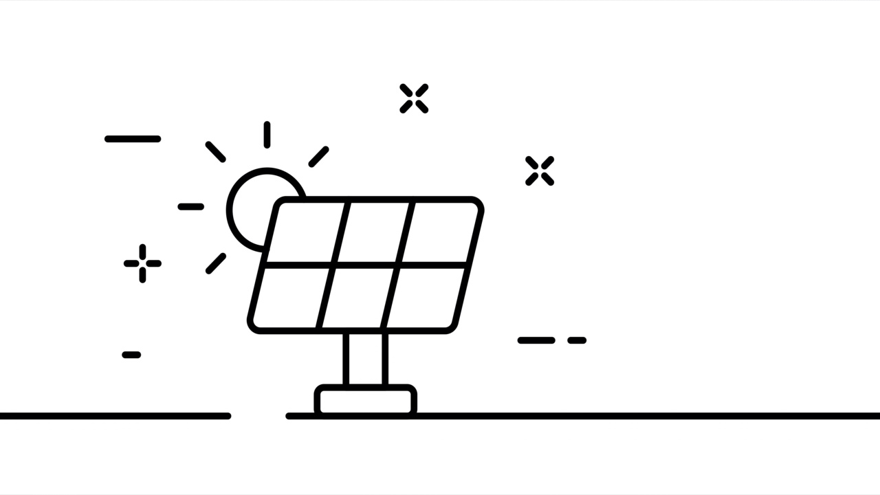 太阳能电池与太阳。可再生能源，生产电力，绿色能源，清洁环境。生态学的概念。一条线绘制动画。运动设计。动画技术的标志。视频4 k视频素材