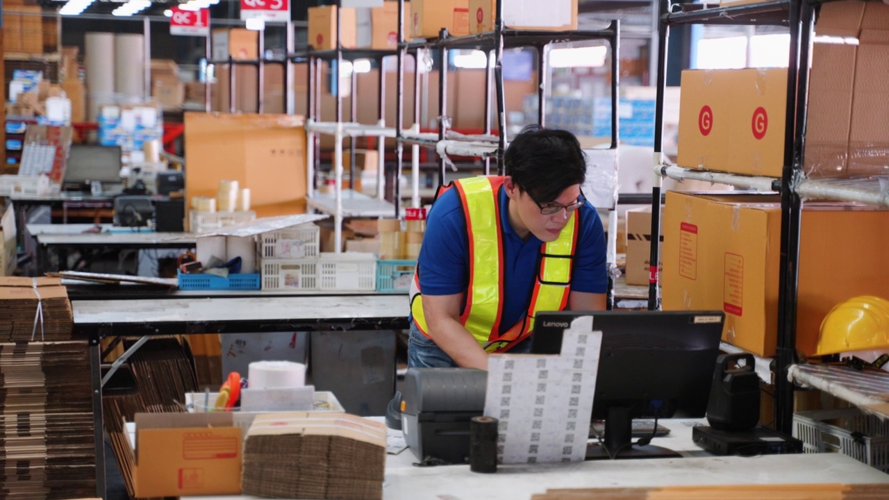 亚洲商人仓库工人在统一扫描纸板箱在存储区域，同时使用电脑检查交货视频素材