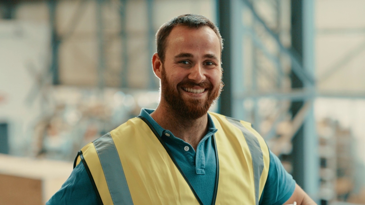 一名男工程师在工业仓库里的笑脸。专业的机械技术员，自信的微笑着穿着反光背心和安全帽在一个金属车间的制造商视频下载