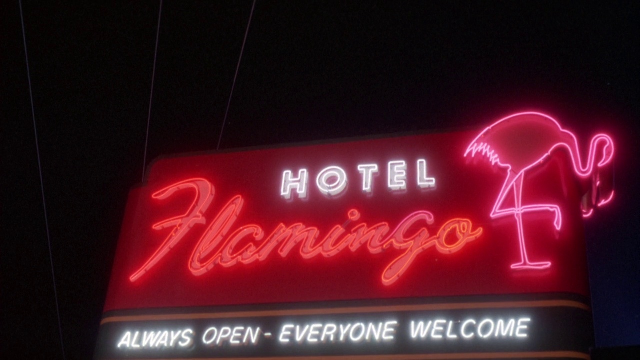 向上角度的霓虹灯招牌上写着“火烈鸟酒店”，红色和蓝色的火烈鸟在右边。插入视频素材
