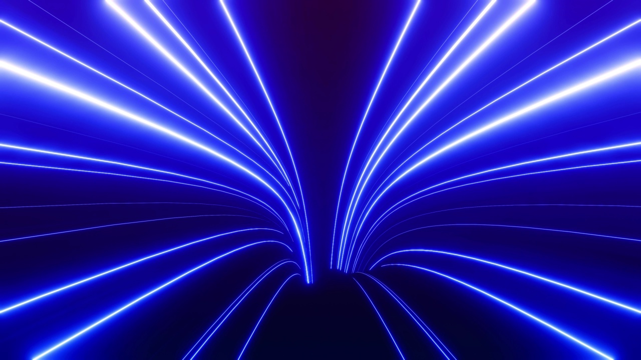 3d抽象背景与霓虹灯线形成隧道。3d循环飞行通过霓虹灯隧道。多色发光科幻隧道视频素材