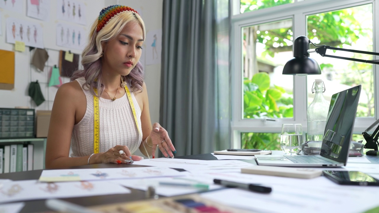 亚洲女时装设计师在她的工作室里用笔记本电脑画草图。视频下载