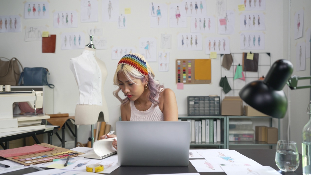 亚洲女时装设计师在她的工作室里用笔记本电脑画草图。视频素材