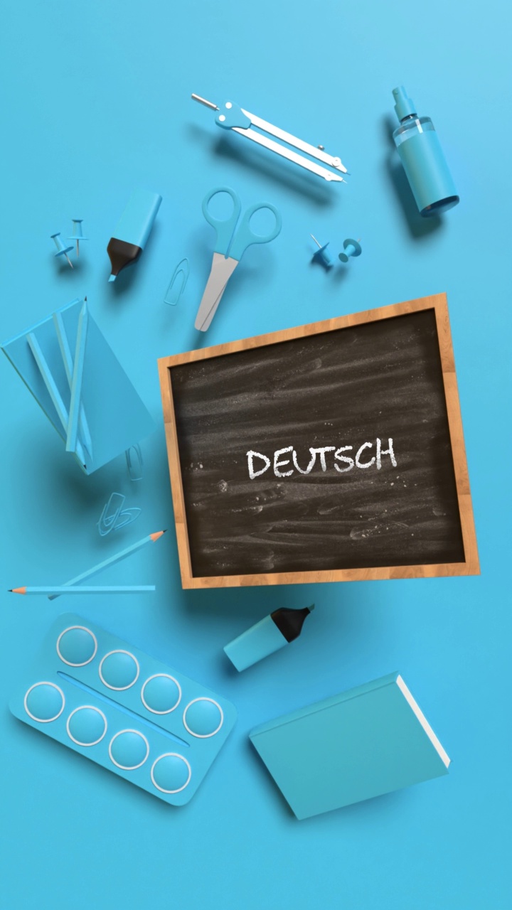 垂直回学校Deutsch德语概念与蓝色学校设备的一面黑板上的蓝色背景在4K分辨率视频下载