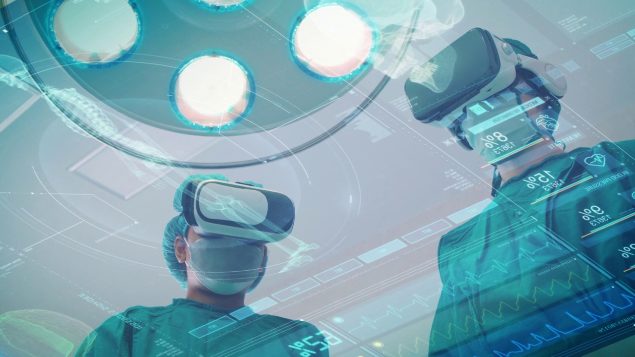 外科医生使用VR和HUD全息在现代实验室，寻找疾病治疗，创新和未来的医疗保健技术视频素材