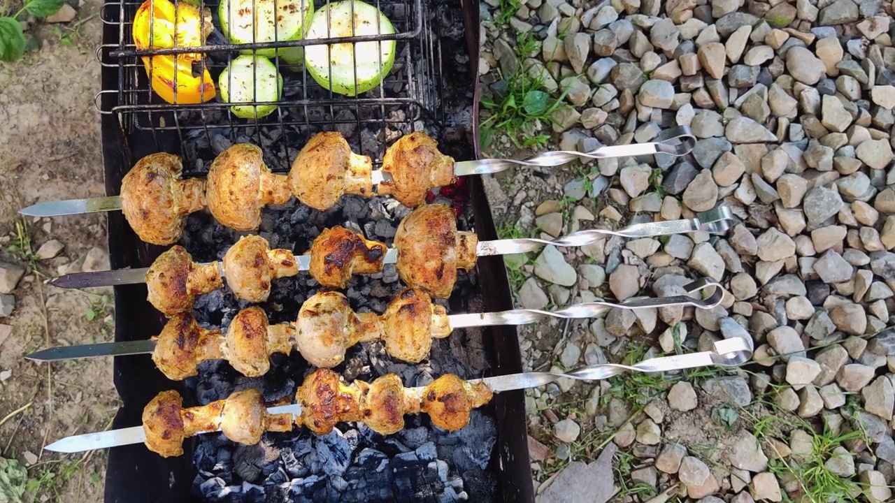 蔬菜蘑菇串在烤架上准备。美味多汁的烤蔬菜是夏日户外准备的最美味的健康食品。蘑菇在火上炸。休息和野餐。视频素材