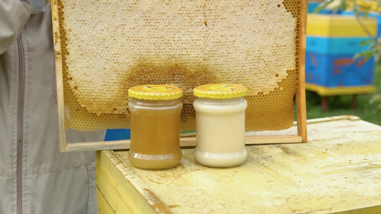 近距离的养蜂人与蜂窝框架和罐蜂蜜。养蜂的概念。养蜂人收获蜂蜜视频下载