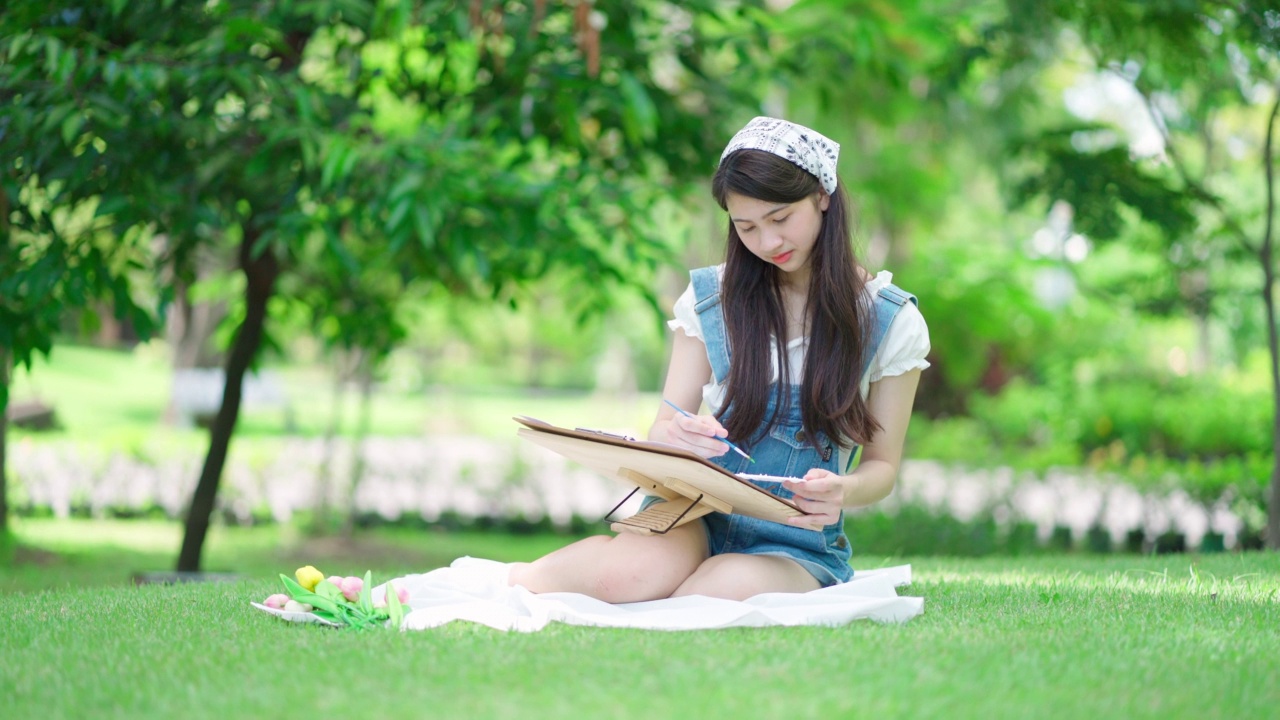 在夏天，迷人的年轻漂亮的女孩坐在公共花园画画的画像。灵感来自绿色的春天公园。假期的艺术和休闲视频下载
