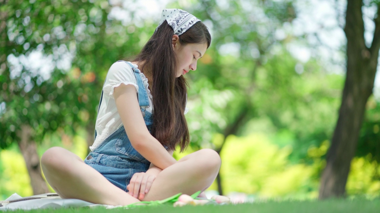 美丽迷人的女人坐在花园与模糊的背景。阳光明媚的日子，女孩拿着青苹果吃。快乐在假期。放松，香薰自由感受生活方式视频下载