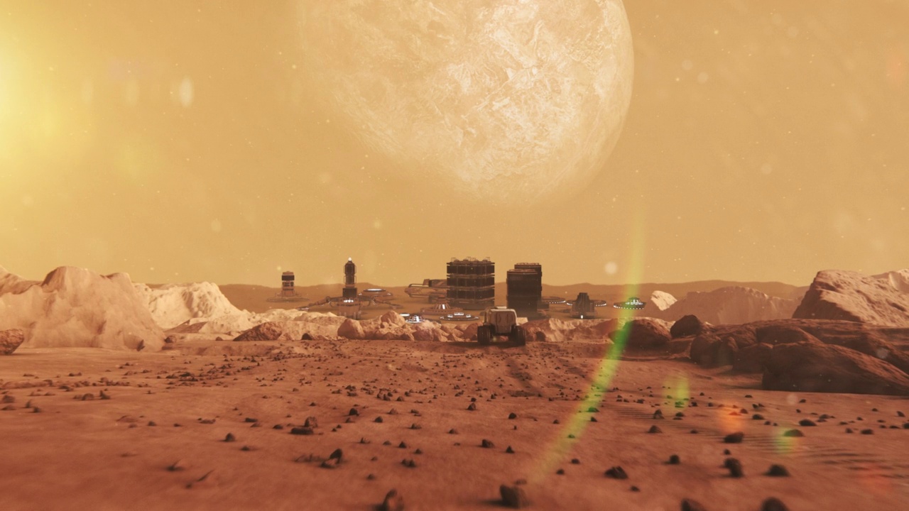 殖民地在火星上。干旱气候的锈山。背景中遥远的行星视频素材
