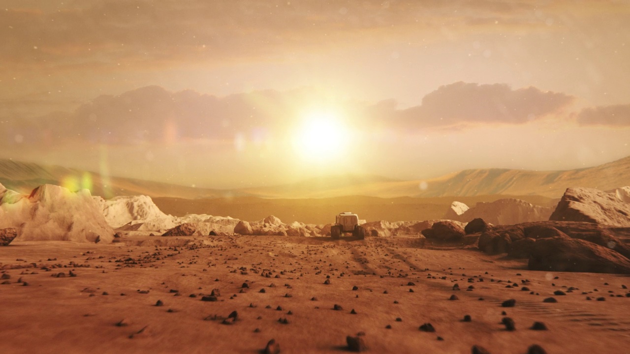 殖民地在火星上。干旱气候的锈山。背景中遥远的行星视频素材