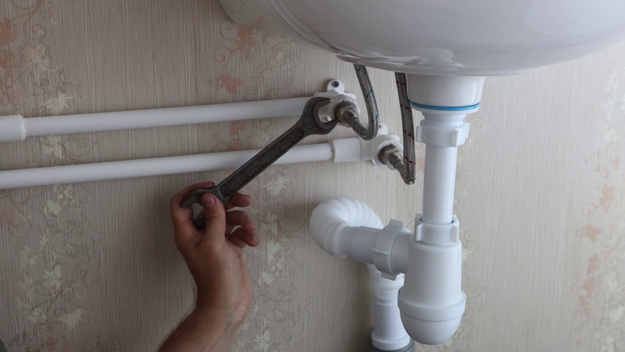 将编织软管连接到家里的管道系统，同时在浴室水槽上安装水龙头。视频下载