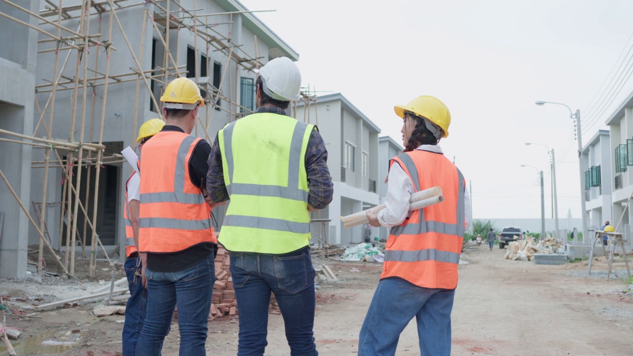 土木工程师或建筑师和工头的背影，同事站着说话戴安全帽。施工前将对施工现场进行施工和行走测量。建筑和房地产概念。视频素材