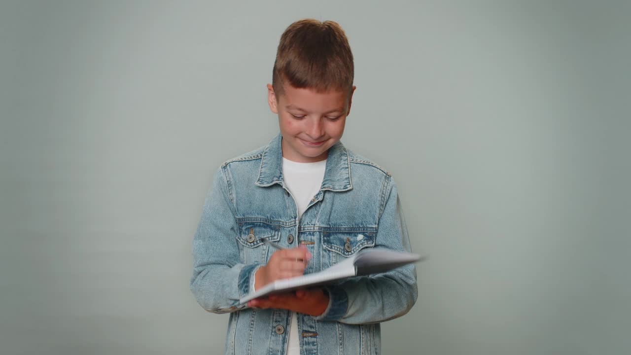 体贴的蹒跚学步的小男孩做笔记，在记事本上写下自己的想法，日记，待办事项视频素材