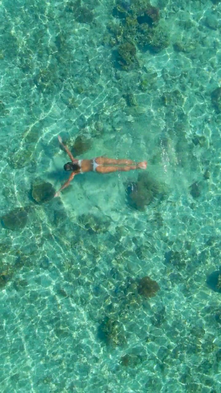 女人浮潜和比基尼游泳在珊瑚礁热带酒店度假在夏天，无人机视图。- - - - - -垂直格式视频下载