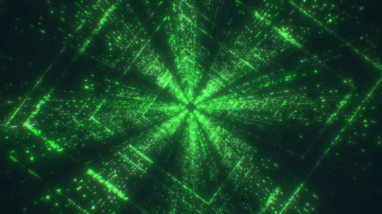 飞越科技霓虹科幻隧道。绿色霓虹灯发光线形成隧道图案和施工视频素材
