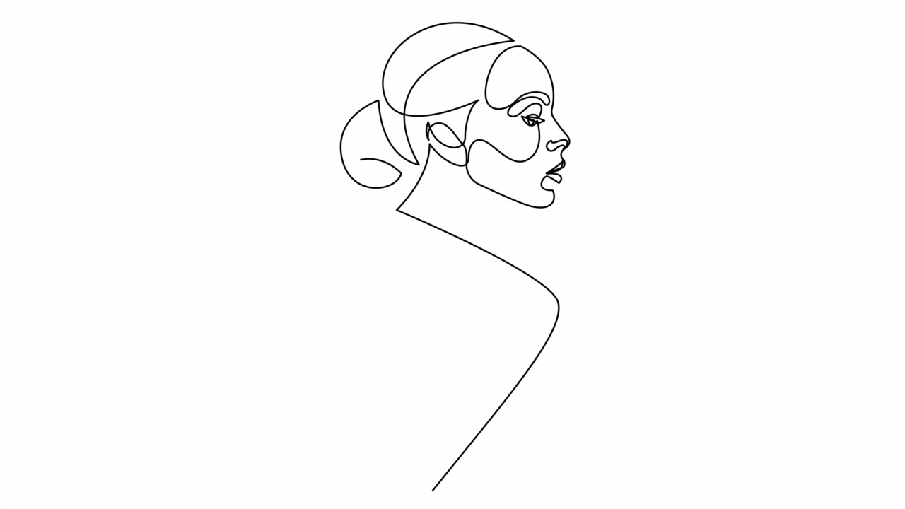 自画动画的一条线画女性的脸。美女画像，侧视图。视频下载