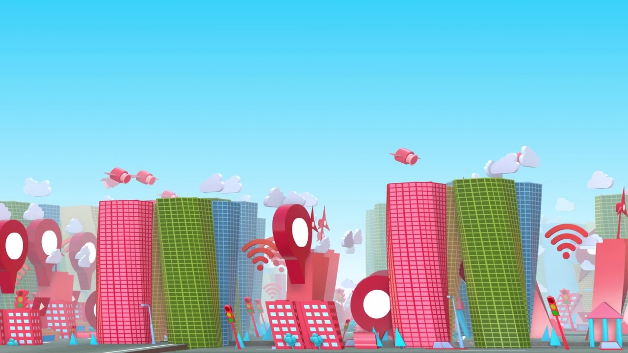 卡通风格智慧城市概念。跳舞的摩天大楼。视频下载