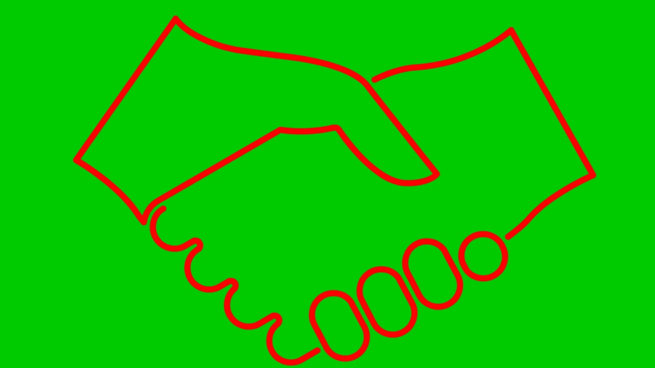 动画红色握手图标。交易、协议、合作的概念。向量线性插图孤立在绿色背景上。视频下载