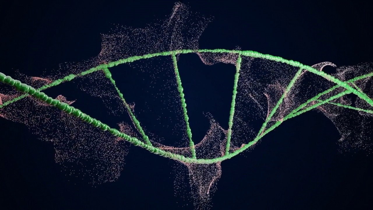 在明亮的灯光下，黑色背景上的浅绿色DNA链的4k视频。视频下载