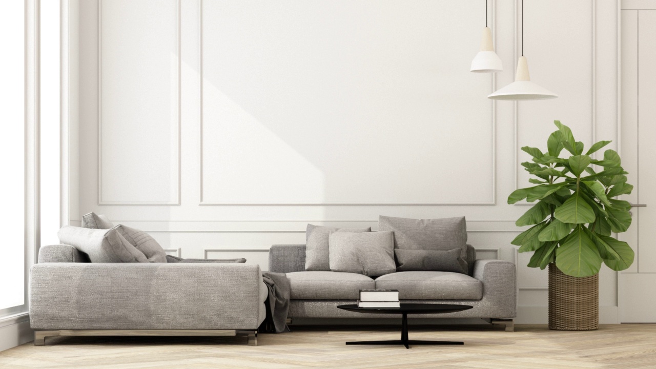 打造现代公寓时尚经典风格的客厅室内及新潮家具，镶花木地板灰色沙发及典雅配饰。家装，3D渲染动画循环视频素材