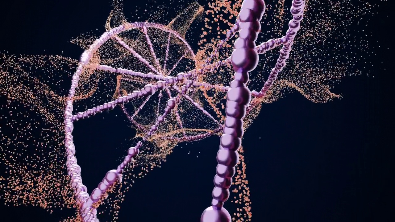 4k视频的浅粉色DNA链在黑色背景与粉红色的闪光。视频下载