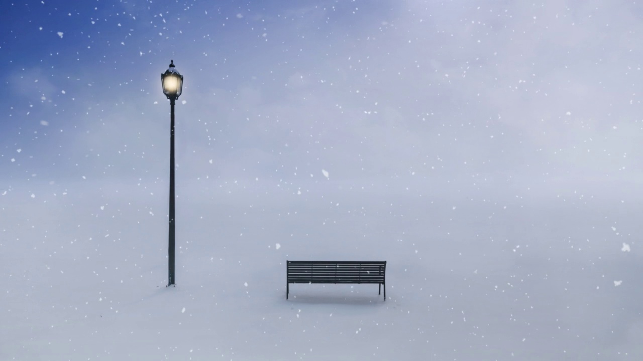 长凳与灯柱在黄昏与雪4K循环视频下载