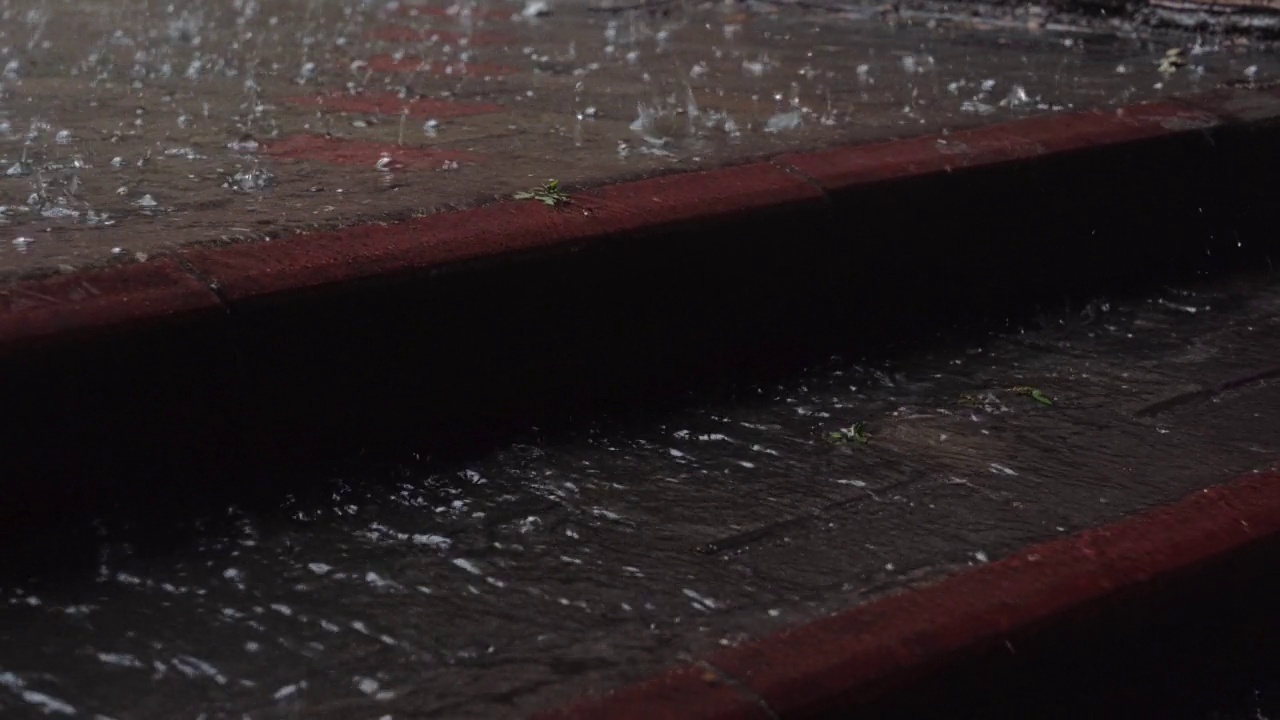 雨滴落在水中。Aqua抽象背景。水滴在水坑的水面上。大雨落在柏油路上。视频下载