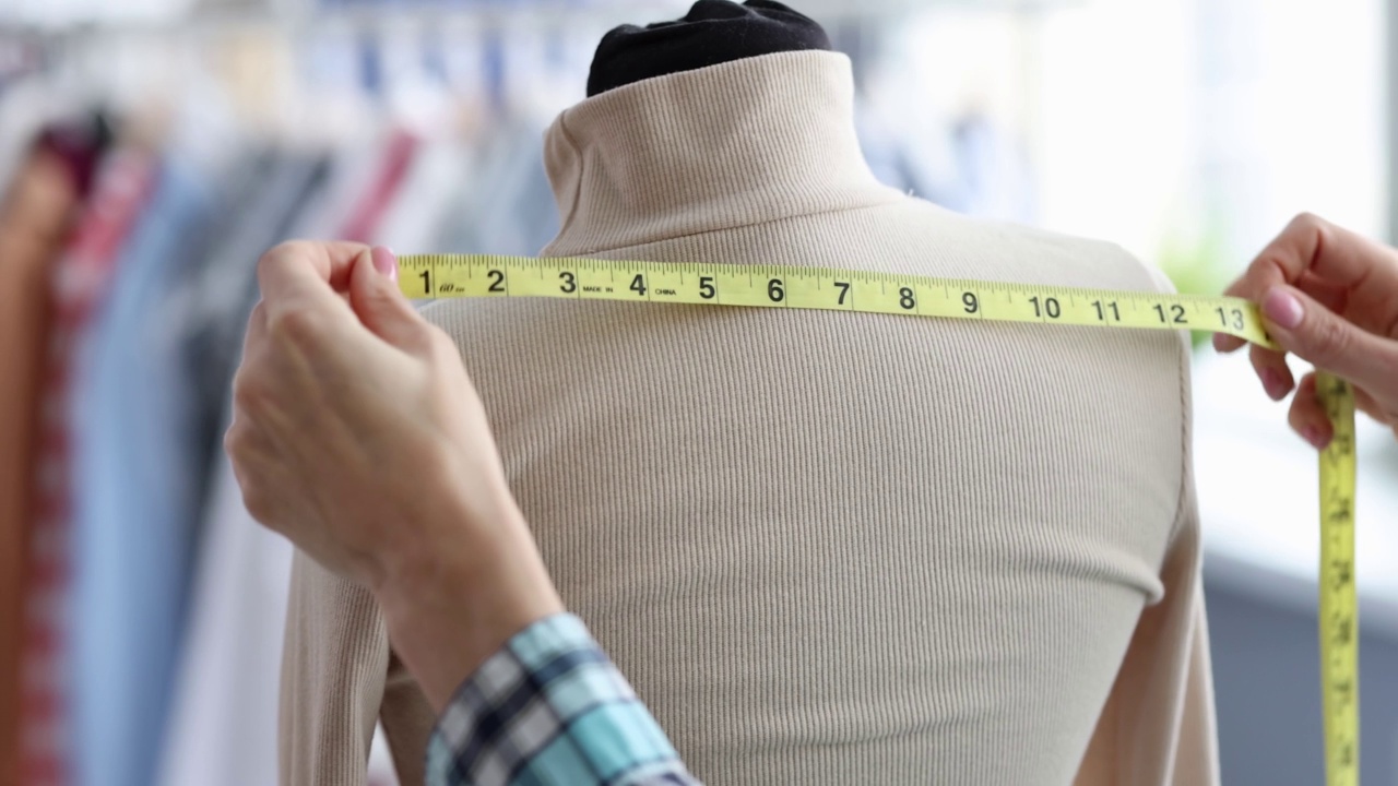 时装设计师在人体模型上用厘米测量衣服的尺寸视频下载