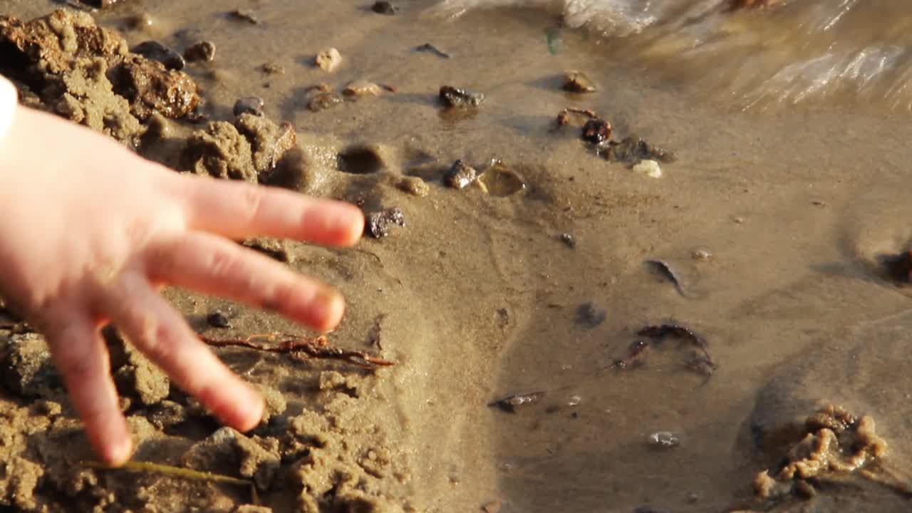 小女孩的手在河滩上玩沙子视频下载