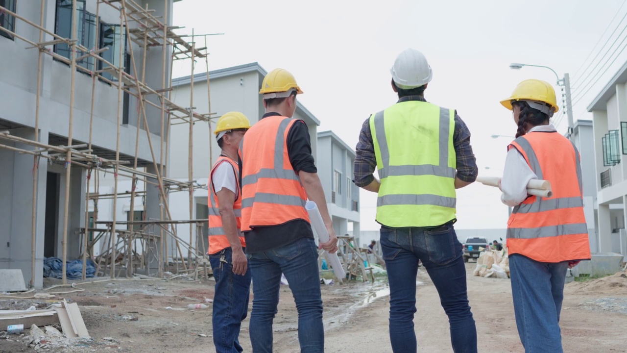 土木工程师或建筑师和工头的背影，同事站着说话戴安全帽。施工前将对施工现场进行施工和行走测量。建筑和房地产概念。视频素材