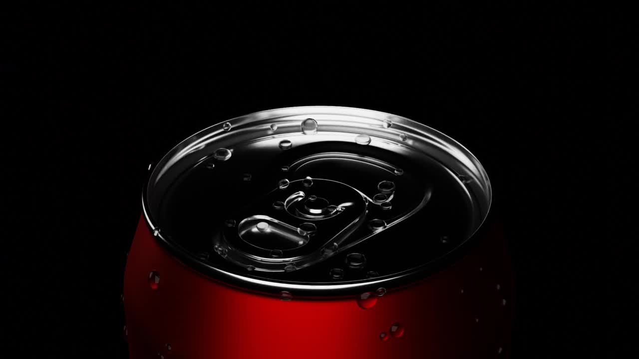 无缝循环特写旋转聚焦在红色可乐罐容器顶部在黑暗与工作室照明和凝结水滴在铝表面。食品饮料及饮料概念视频下载