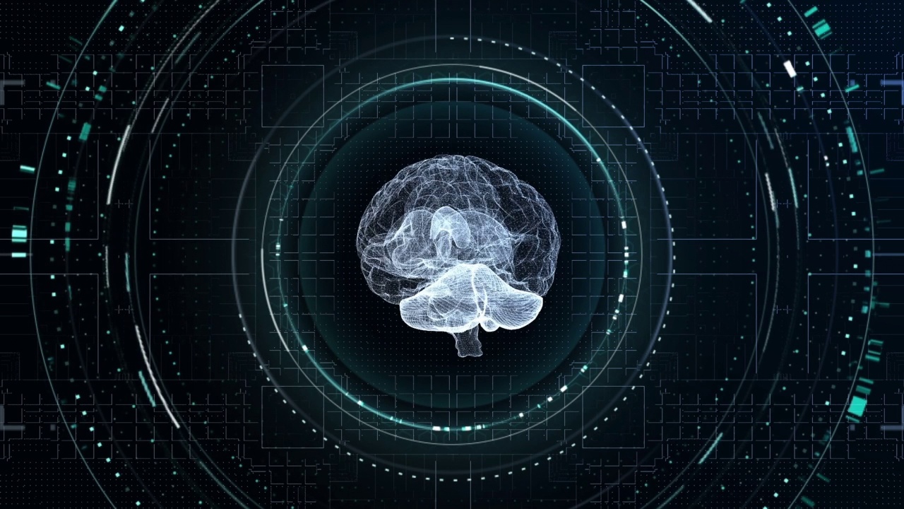 无缝循环脑MRI扫描仪断层扫描x射线粒子与用户界面HUD显示和目标扫描元素背景。技术和医学科学概念。视频下载