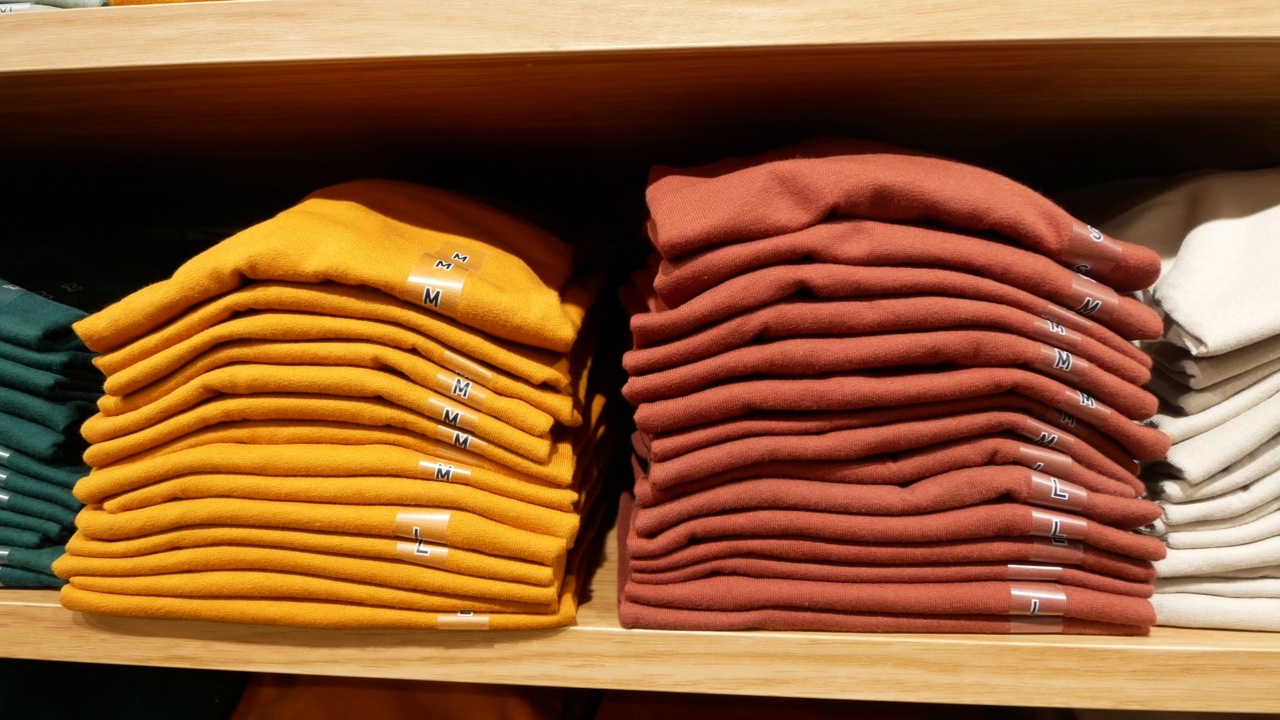 商店货架上彩色衬衫的特写视频素材