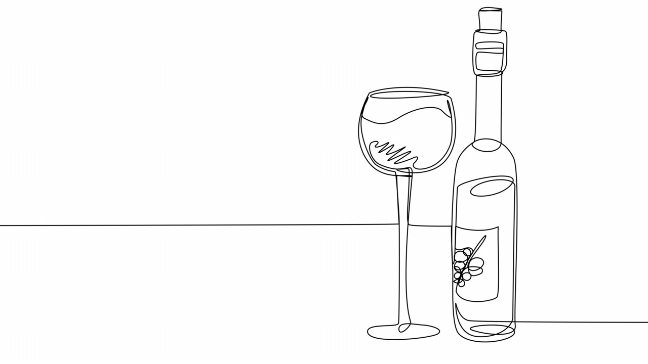 自己在白色屏幕上用一条线画出一杯酒和一瓶酒。视频下载