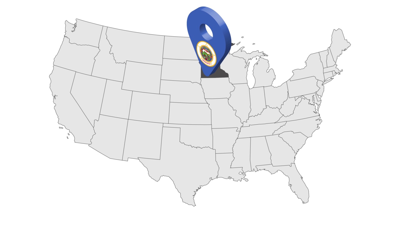 位置美国地图上的明尼苏达州。3d州明尼苏达州旗帜地图标记定位销。显示不同州的美国地图。动画地图美国各州。4 k。视频视频素材