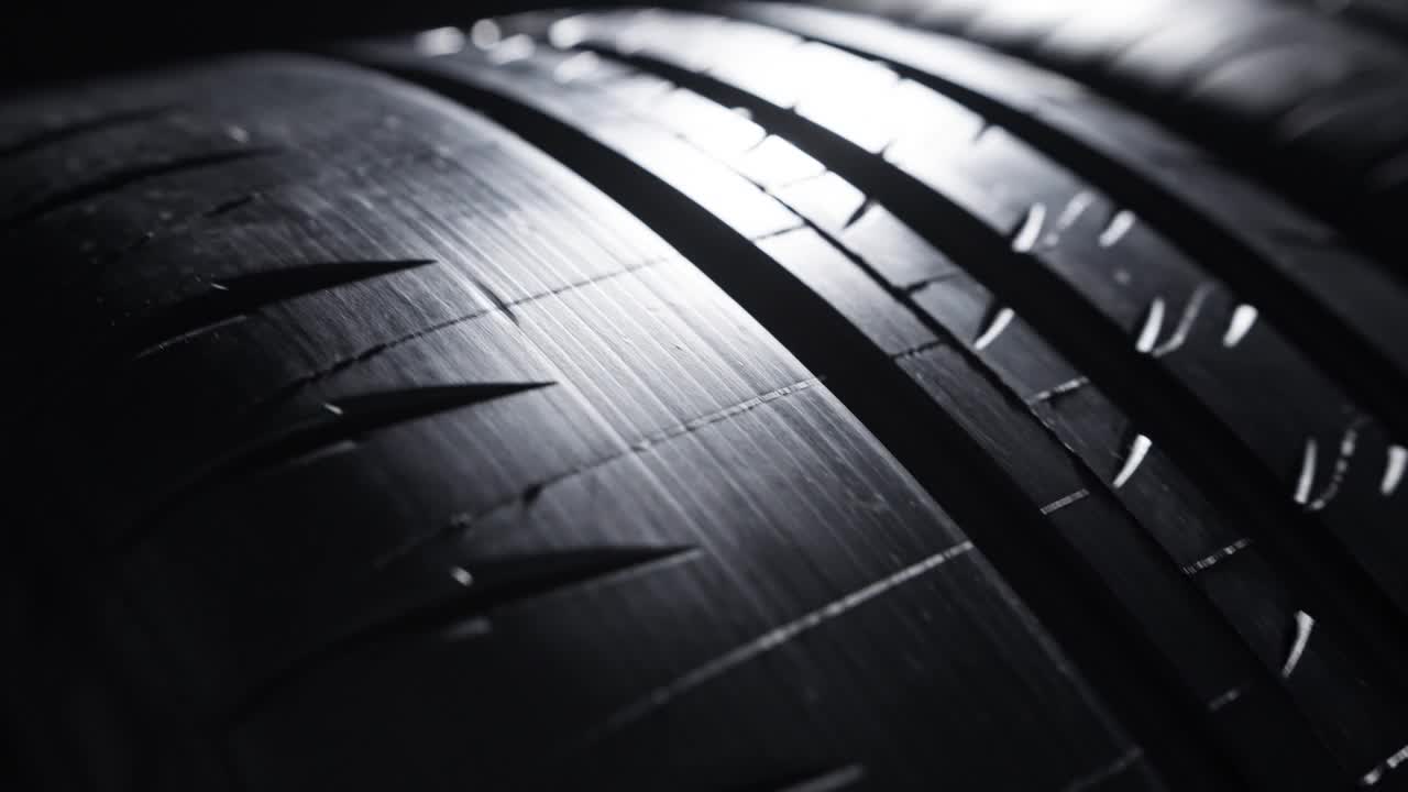 现代高性能运动夏季轮胎滚动，孤立在一个黑色背景视频素材