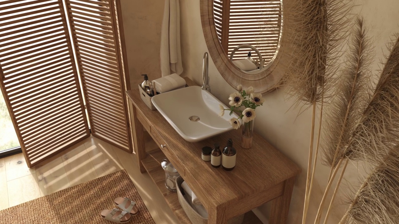 波希米亚斯堪的纳维亚风格的家庭内部背景。米色浴室，搭配天然木制家具。3d渲染插画4K视频动画场景。视频下载