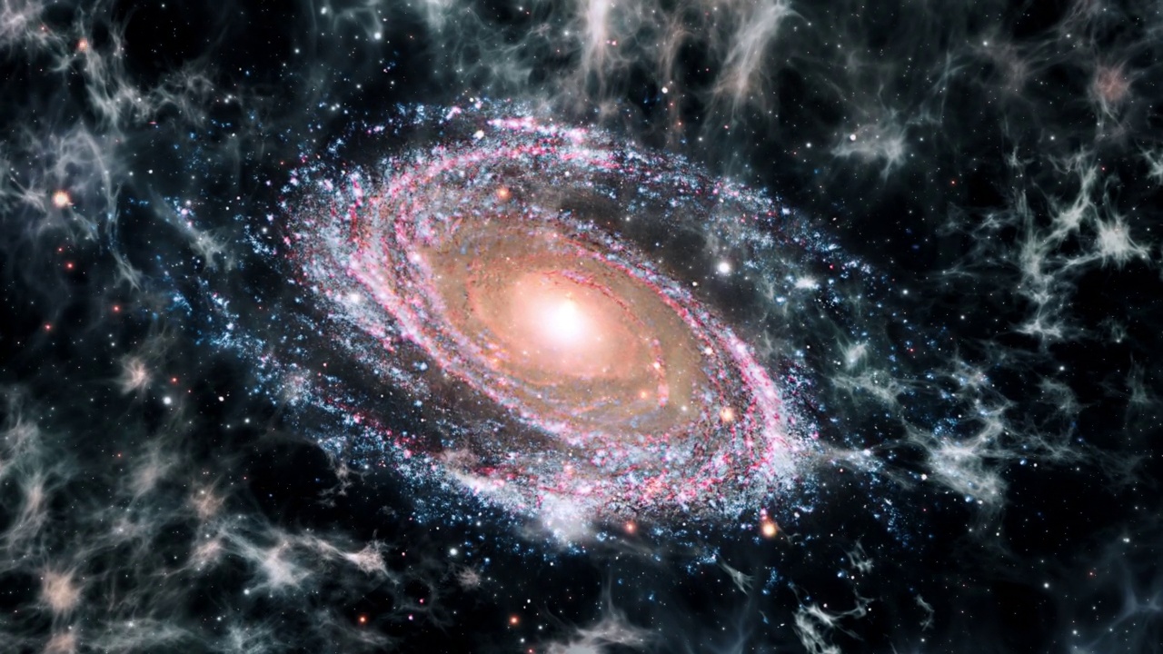 太空星际旅行宇宙到M81螺旋云星系。梅西耶81是M81星系群中最大的星系。4K 3D外太空探索抽象背景概念。视频下载