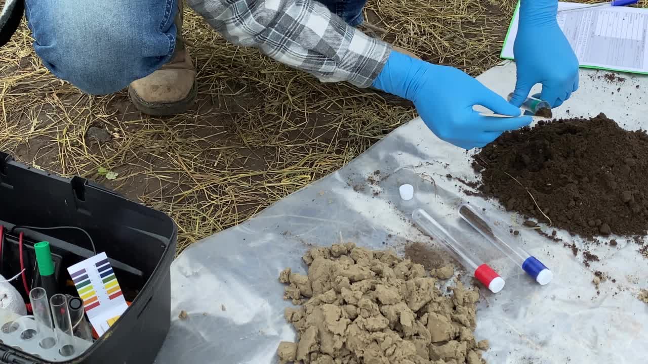 专家在室外采集土壤样本进行实验室分析视频素材