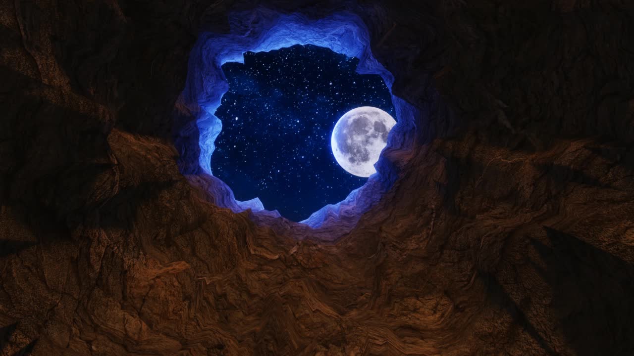 洞穴的岩石隧道向满是星星和满月的天空敞开视频购买