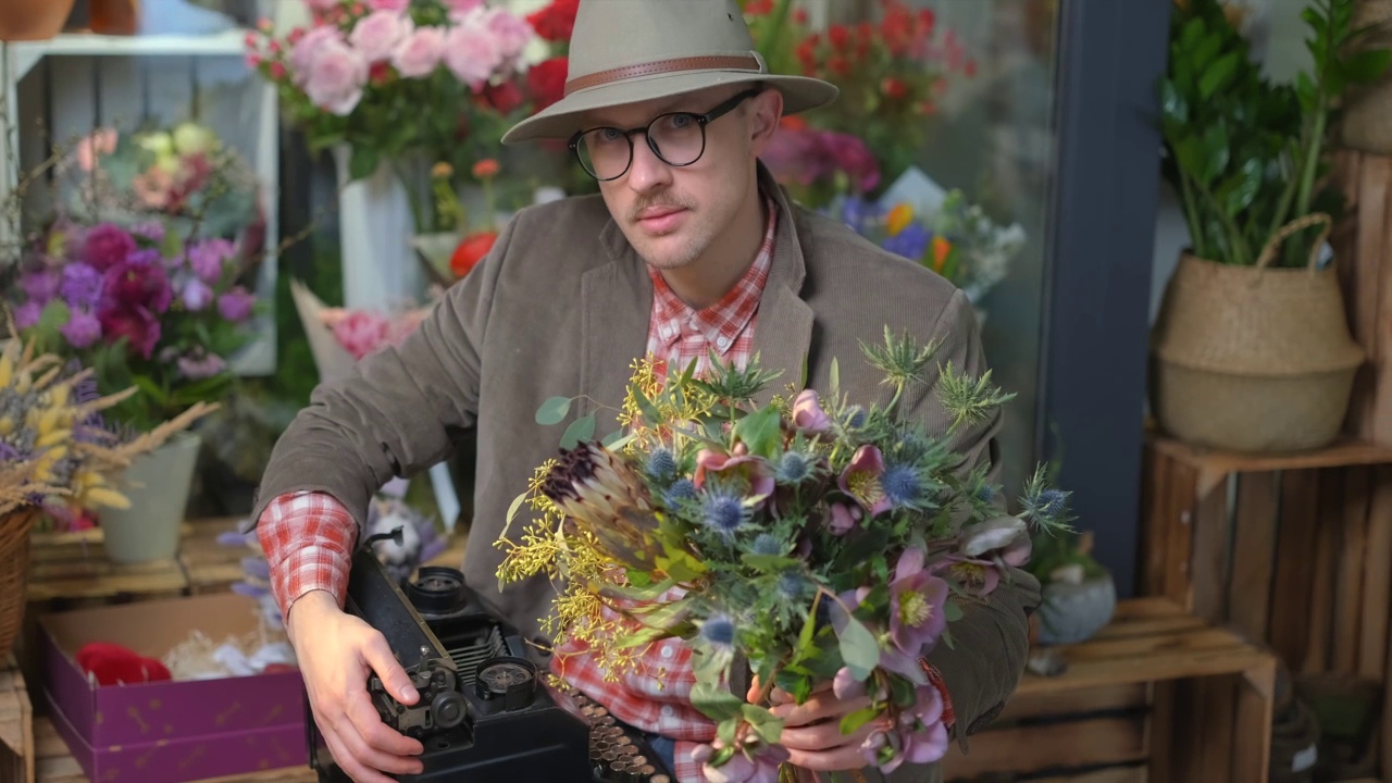 戴着眼镜和帽子，拿着打字机和花束的男人，4k视频下载