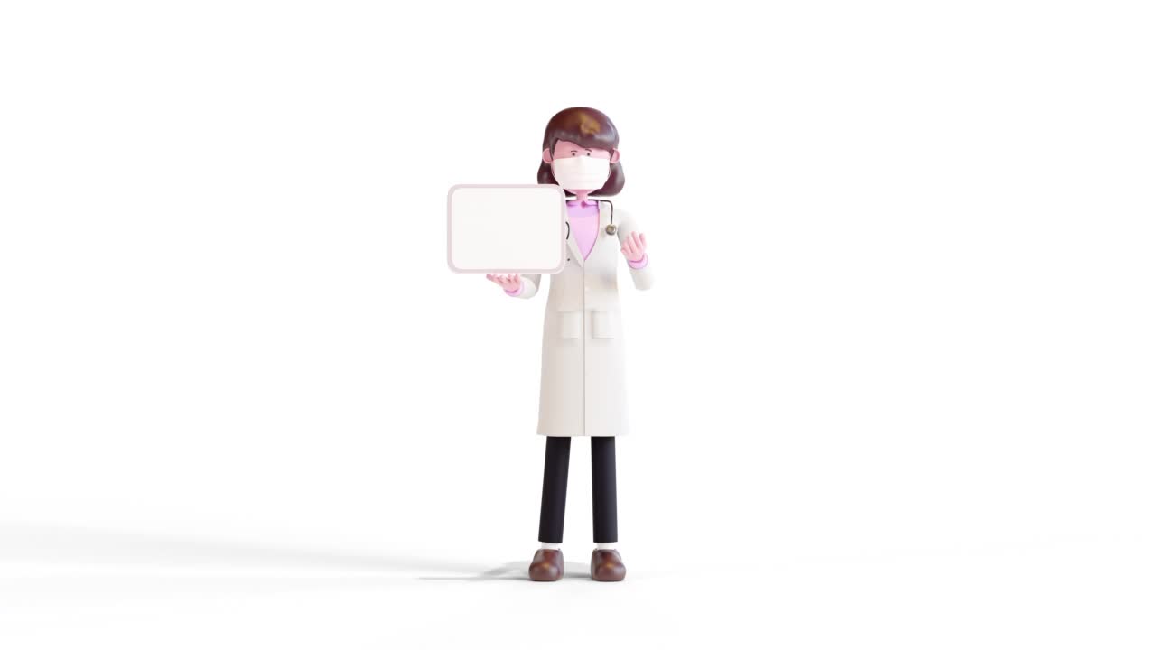 3d动画卡通女医生角色镂空片呈现。戴面具的脸。视频下载